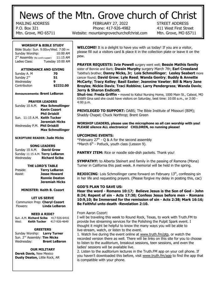 Bulletin 20220227 Mountain Grove Church of Christ