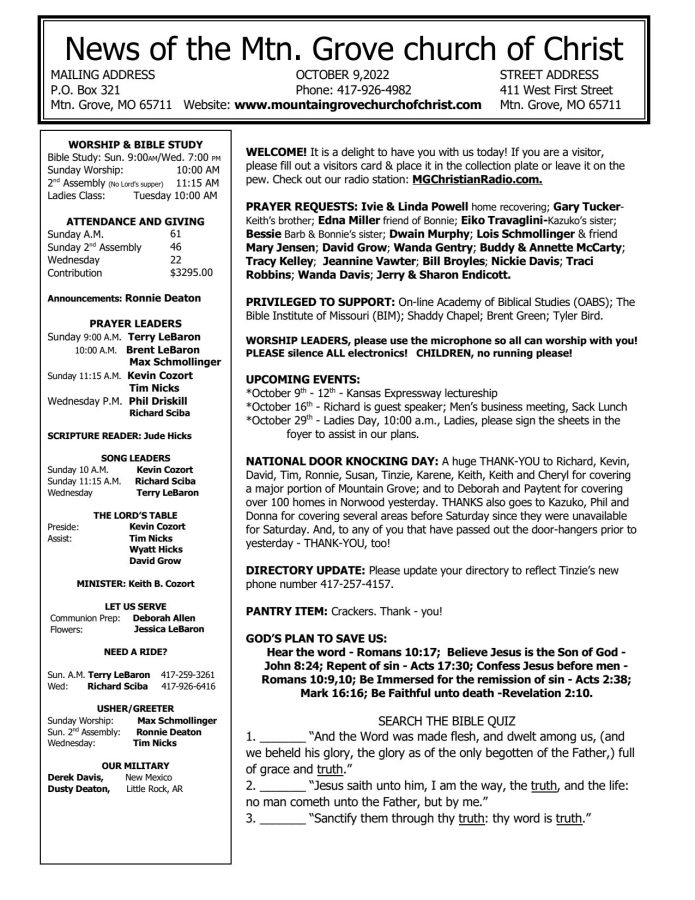 Bulletin 20221009 Mountain Grove Church of Christ