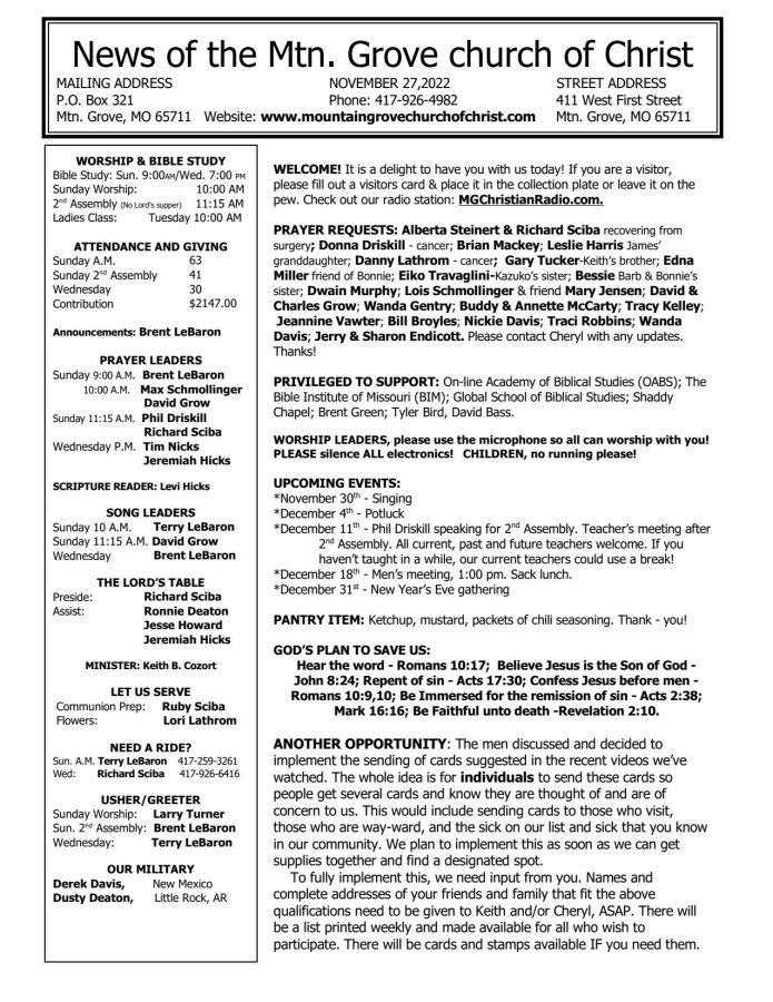 Bulletin 20221127 Mountain Grove Church of Christ