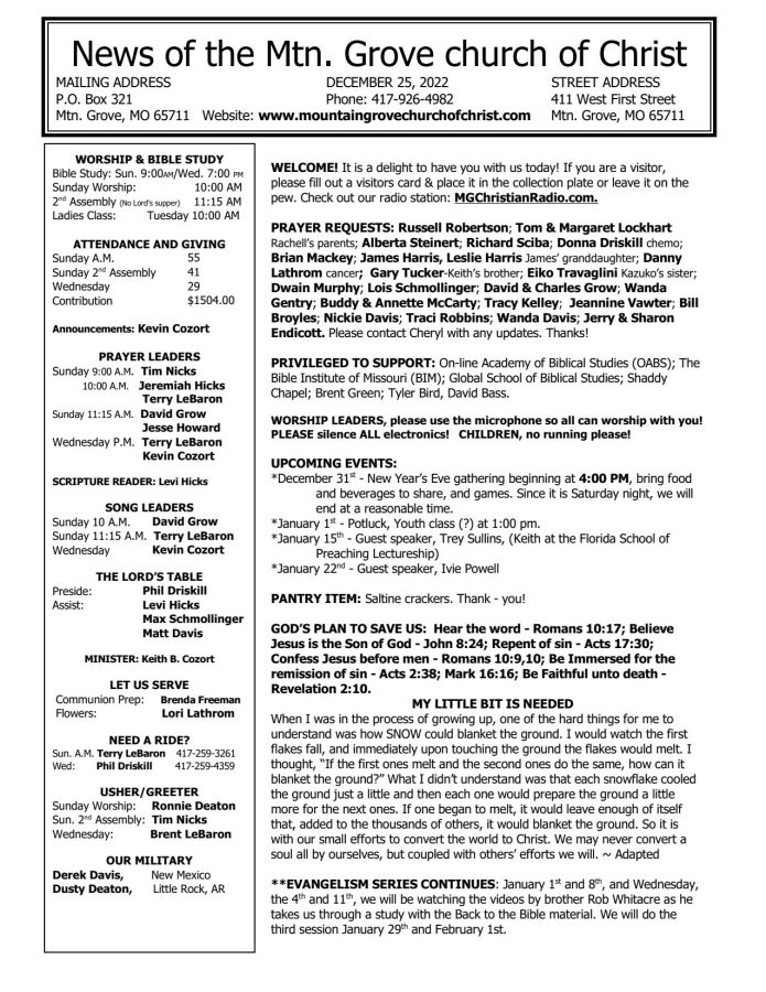 Bulletin 20221225 Mountain Grove Church of Christ
